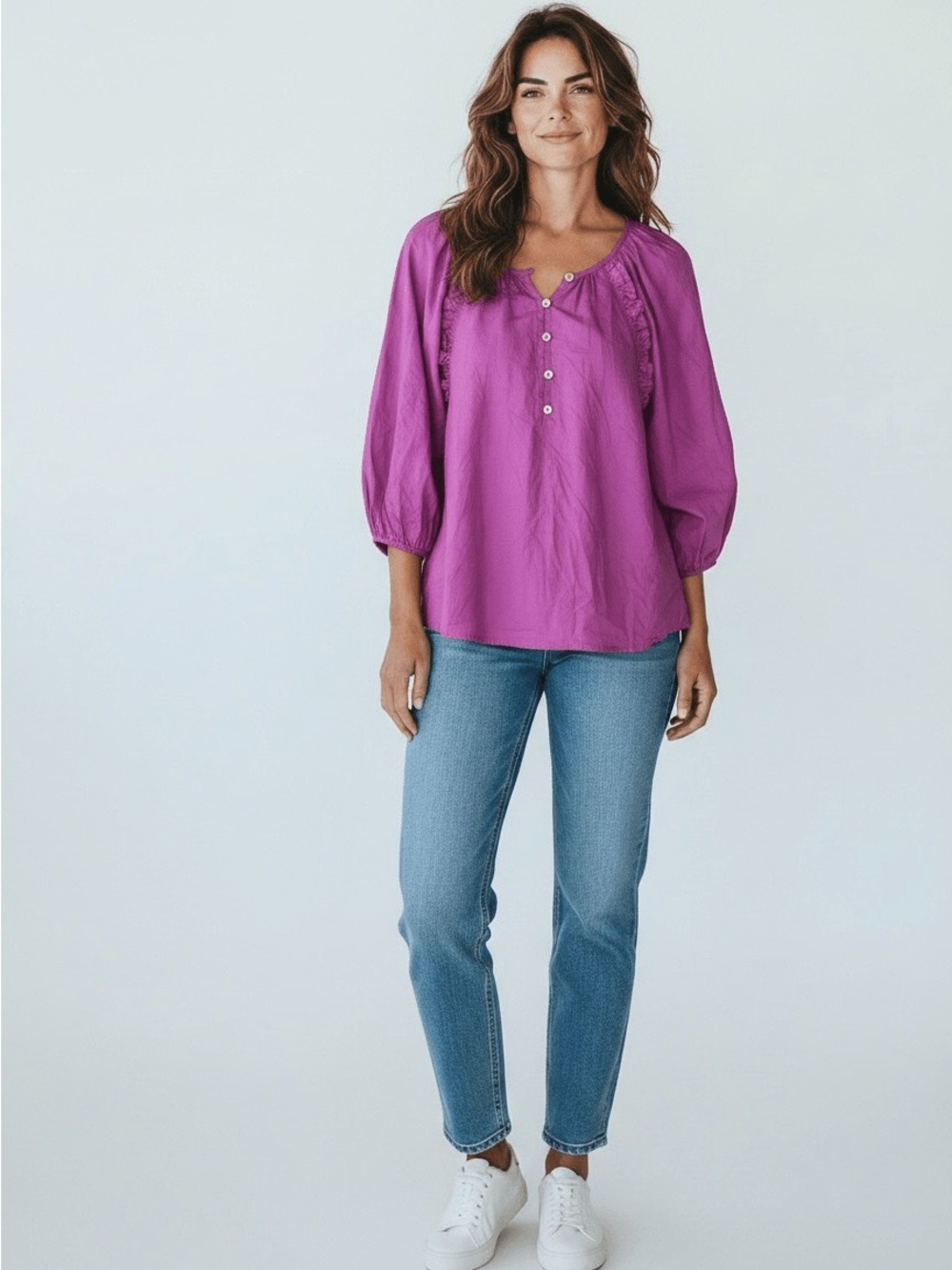 Cleobella Magenta Button-Front Peasant Top